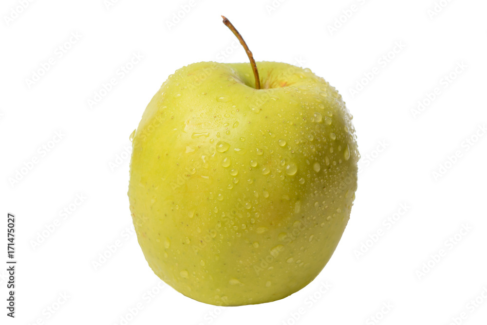 Yellow spelled appetizing apple dotted with drops of water on a white isolated background