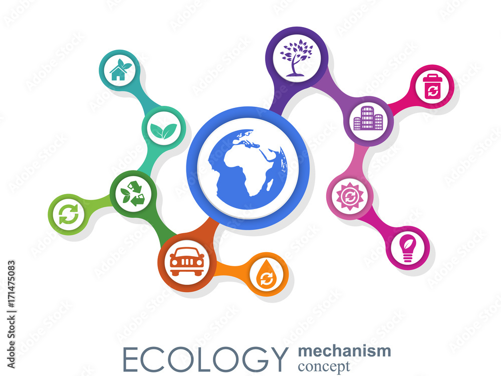 Ecology mechanism concept. Abstract background with connected gears and icons for eco friendly, energy, environment, green, recycle, bio and global concepts. Vector infographic illustration Ecology mechanism concept. Abstract background with connected gears and icons for eco friendly, energy, environment, green, recycle, bio and global concepts. Vector infographic illustration