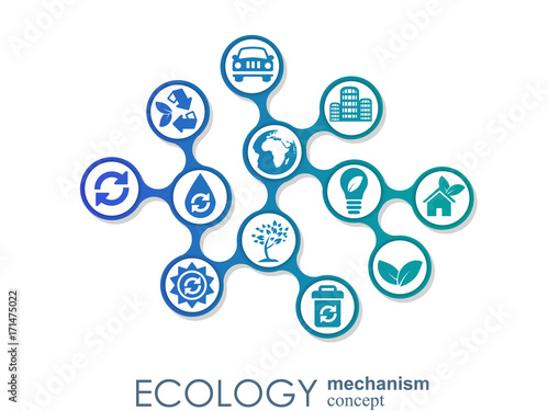 Ecology mechanism concept. Abstract background with connected gears and icons for eco friendly, energy, environment, green, recycle, bio and global concepts. Vector infographic illustration © iiierlok_xolms