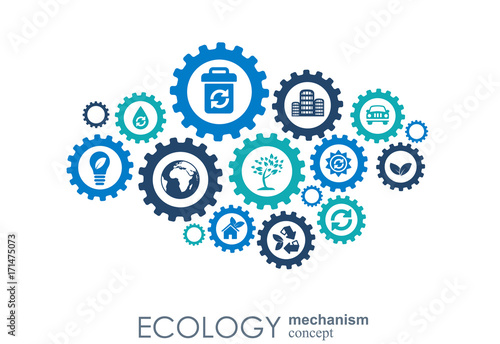 Ecology mechanism concept. Abstract background with connected gears and icons for eco friendly, energy, environment, green, recycle, bio and global concepts. Vector infographic illustration