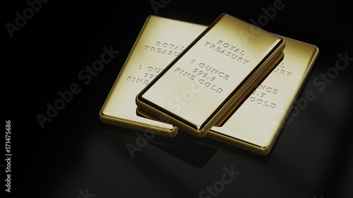 Three gold bars of one ounce fine gold 3d illustration