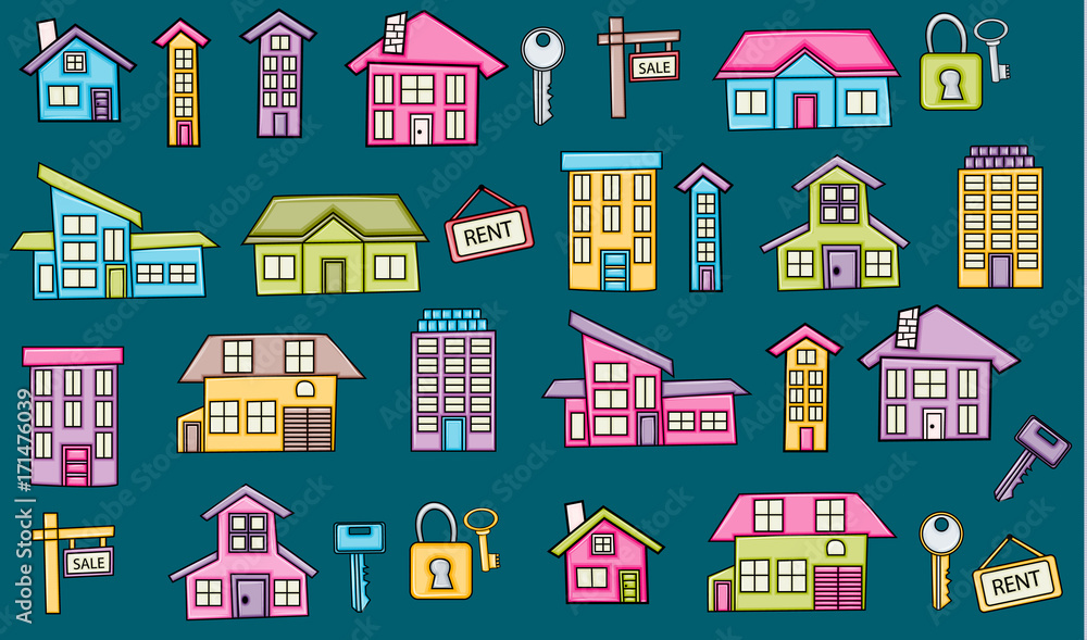 Real estate icons concept  cartoon doodles sticker design. Hand drawn colorful vector illustration collection.