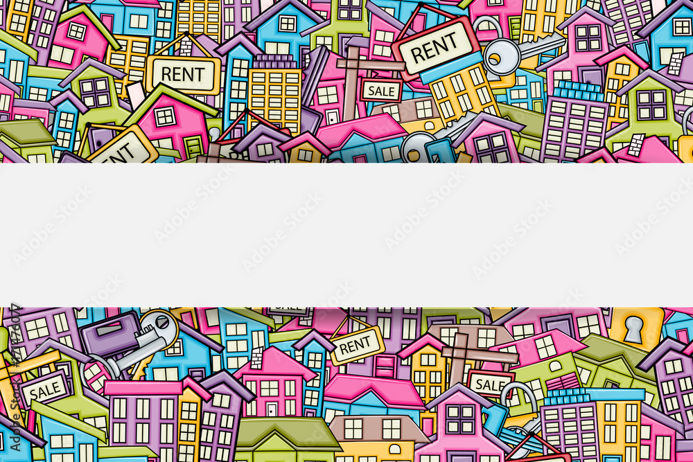 Real estate concept in 3d cartoon doodles background design. Hand drawn colorful vector illustration.