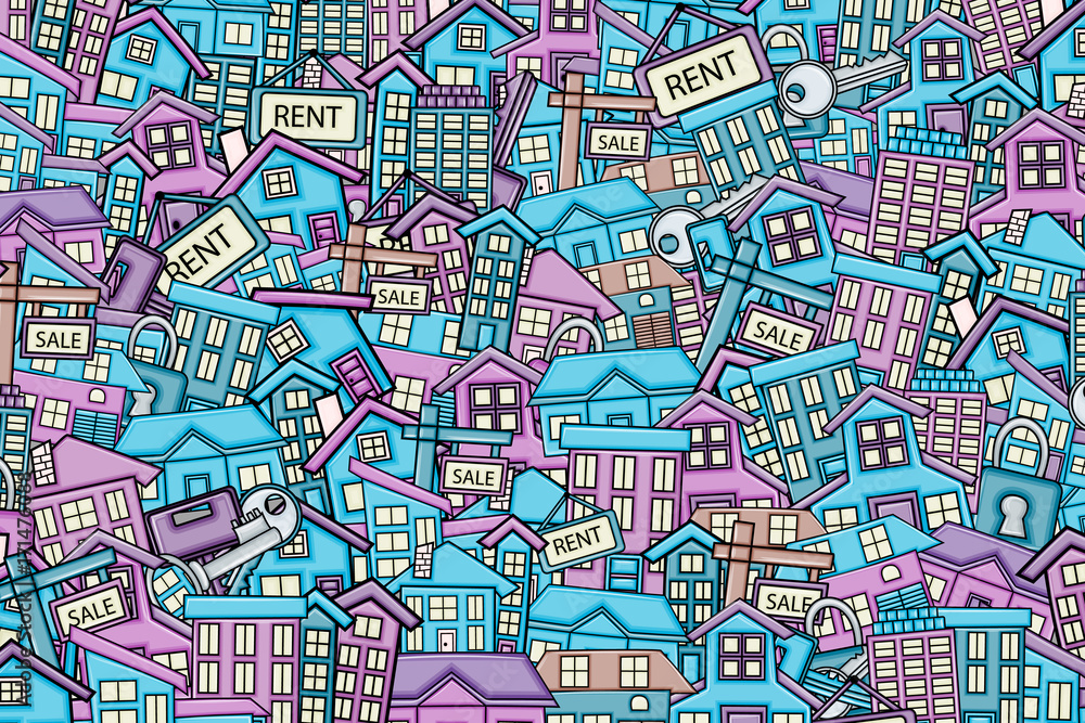 Obraz premium Real estate concept in 3d cartoon doodles background design. Hand drawn colorful vector illustration.