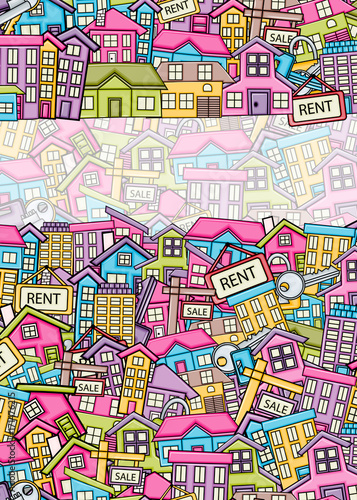 Real estate concept in 3d cartoon doodles background design. Hand drawn colorful vector illustration. © Natalie Adams