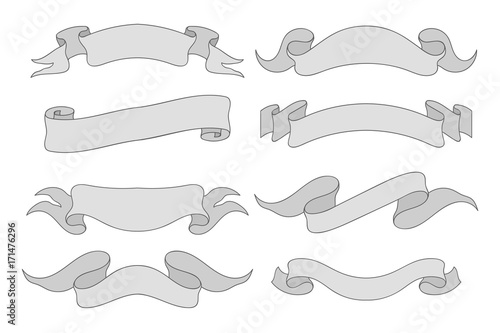 Ribbon banners. Large collection of gray scrolls. Hand drawn sketch