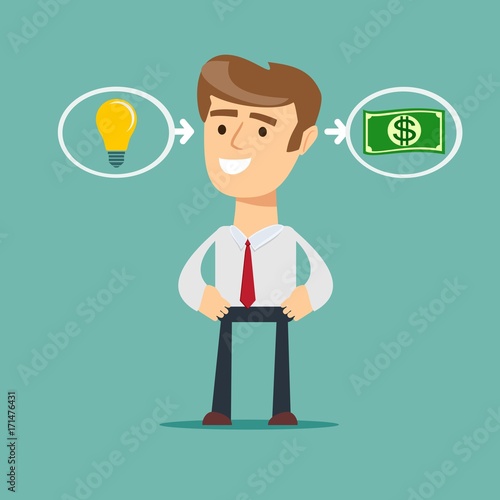 businessman with ideas - stands in front of bulbs elements. cooperate concept.
