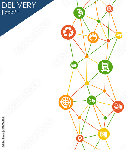 Delivery mechanism concept. Abstract background with connected gears and icons for logistic, service, strategy, shipping, distribution, transport, market, communicate concepts. Vector interactive
