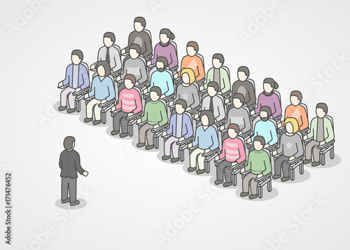 People sitting in chairs on audience. Speaker doing presentation and professional training about marketing, sales or e-commerce. Presentation or motivation conference.