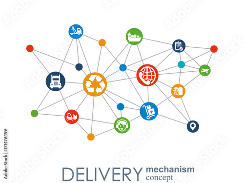 Delivery mechanism concept. Abstract background with connected gears and icons for logistic, service, strategy, shipping, distribution, transport, market, communicate concepts. Vector interactive