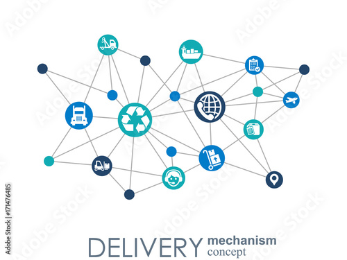 Delivery mechanism concept. Abstract background with connected gears and icons for logistic, service, strategy, shipping, distribution, transport, market, communicate concepts. Vector interactive