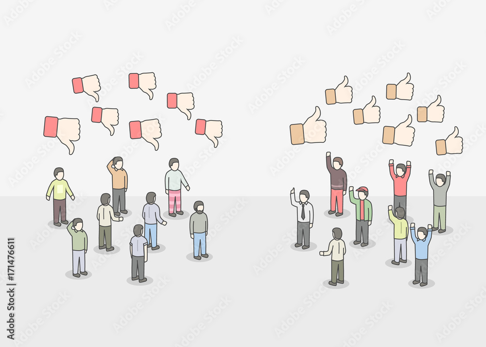 People with like and dislike signs. People with like and dislike signs.