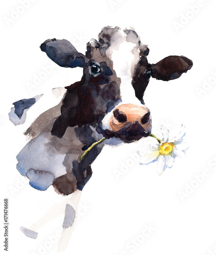 Fényképezés Watercolor Cow with a Daisy Flower in its mouth Farm Animal Portrait Hand Painte