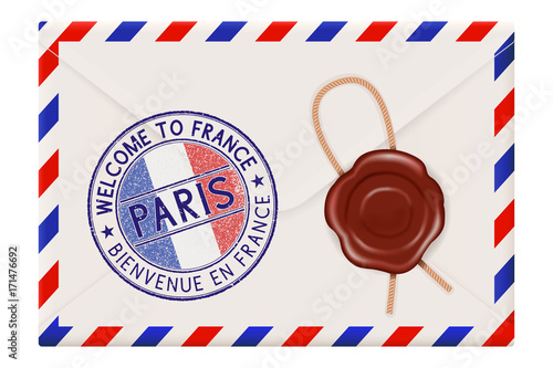 Welcome to France. Colored tourist stamp PARIS with national flag. Wax sealed envelope