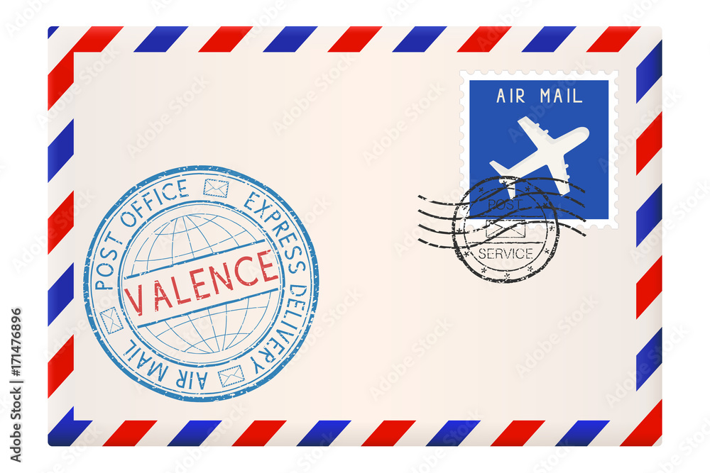 Envelope with Valence Italy stamp. International mail postage with postmark and stamps
