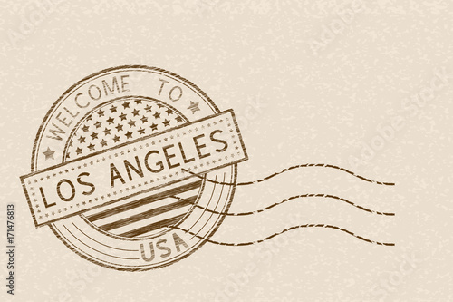 Welcome to Los Angeles, USA. Tourist brown stamp with US national flag on beige background