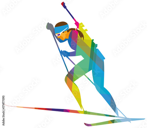 Color mosaic tiles. young biathlon girl running in the biathlon