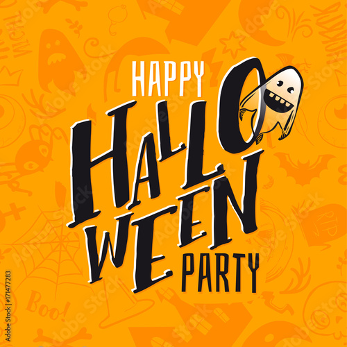 Happy Halloween pattern and hand written lettering text logo with fun cartoon ghost. Vector illustration. Party Invitation, card, poster. Black and yellow colors. Grave, pumpkin, cat, bat, castle