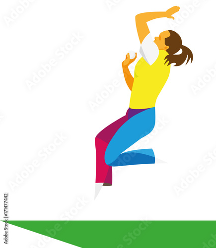 A slim woman sportswoman is a cricketer who gives the ball in a jump