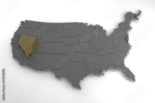 United states of America  3d metallic map  whith nevada state highlighted. 3d render