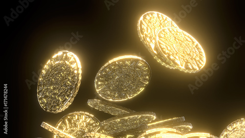Treasure of Ancient Aztec gold coins stolen by pirates 3d illustration