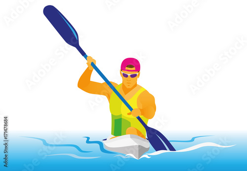 A young and strong athlete is a kayaker who takes part in competitions