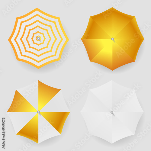 Set of white yellow striped blank classic opened round rain umbrella .Top View Mock up . Vector.
