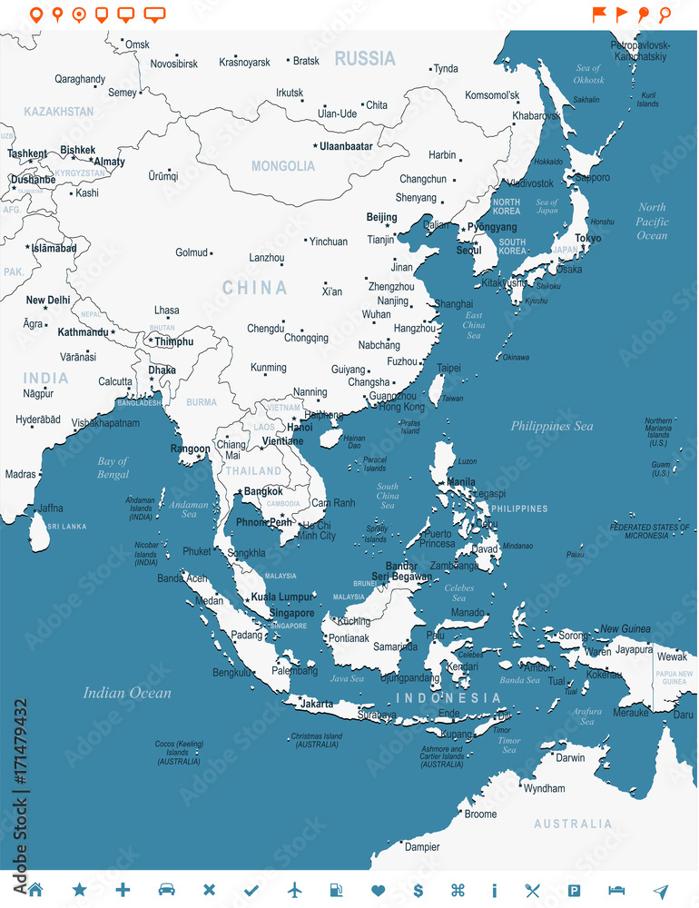 Obraz premium Mapa Azji Wschodniej - ilustracji wektorowych
