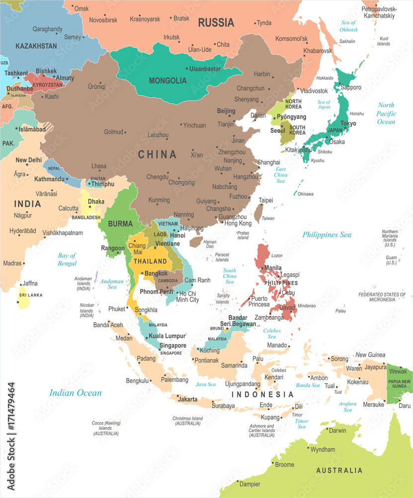 Naklejka Mapa Azji Wschodniej - Ilustracji Wektorowych