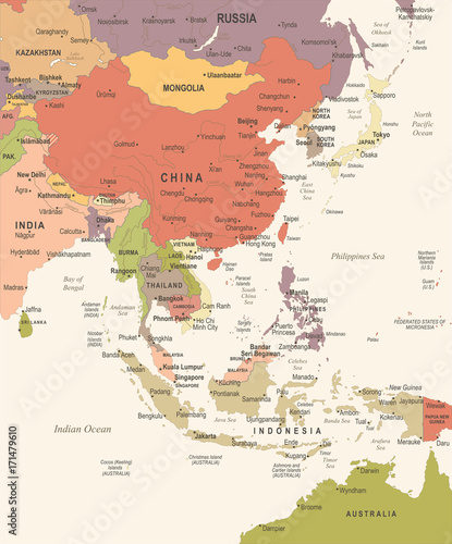 Fototapeta Azja Wschodnia mapa - rocznik ilustracji wektorowych