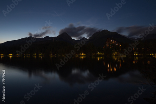 Night view of the scenic lake and mountain