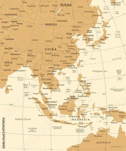 Fototapeta Naklejka Na Ścianę i Meble -  East Asia Map - Vintage Vector Illustration