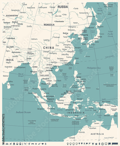 Fototapeta Azja Wschodnia mapa - rocznik ilustracji wektorowych