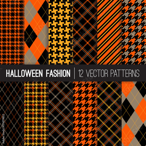 Halloween Fashion Patterns in Orange, Yellow, Black and Taupe. Preppy Fall Backgrounds. Autumn Colors Houndstooth Tweed, Tartan Plaid, Stripes and Argyle. Pattern Tile Swatches Included.