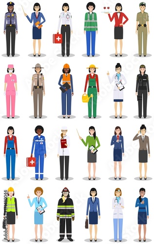 Different people professions occupation characters woman set in flat style isolated on white background. Templates for infographic, sites, banners, social networks. Vector illustration.