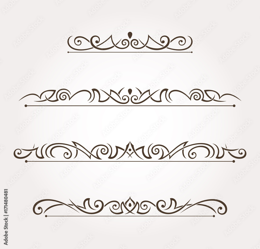 Set of four calligraphic design elements and page decoration. Vector illustration