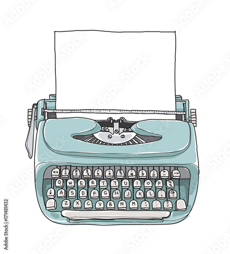 blue Mint vintage  typewriter portable retro with paper hand drawn vector art illustration photo