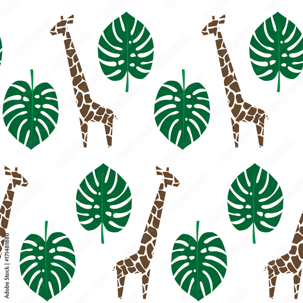 Giraffes and palm leaves seamless pattern on white background. Jungle animals  with tropical plants print. Fashion safari design for textile, wallpaper,  fabric. Stock Vector | Adobe Stock
