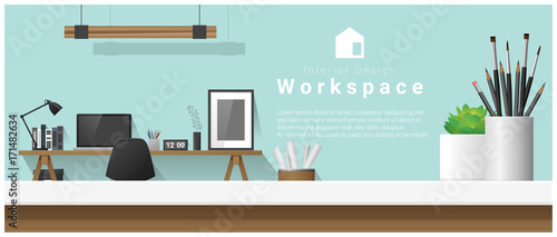 Interior design with table top and Modern office workplace background , vector , illustration