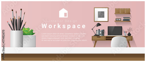 Interior design with table top and Modern office workplace background , vector , illustration