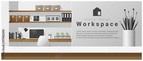 Interior design with table top and Modern office workplace background , vector , illustration
