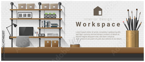 Interior design with table top and Modern office workplace background , vector , illustration