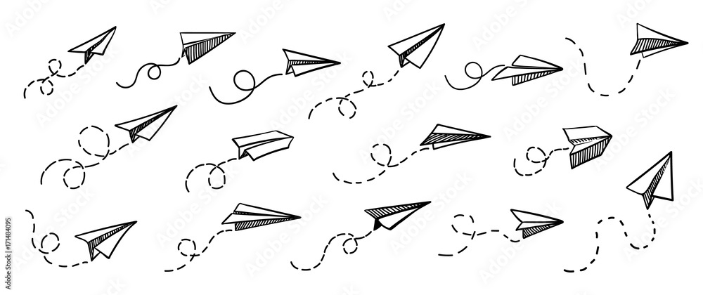 Fototapeta Wektor papierowy samolot. Podróż, symbol trasy. Zestaw ilustracji wektorowych ręcznie rysowane papierowy samolot. Odosobniony. Zarys. Ręcznie rysowane doodle samolot. Ikona czarny liniowy papier samolot