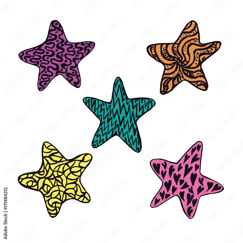 Funny colorful stars collection, hand drawn doodle, sketch in naïve, pop art style, color vector illustration isolated on white Funny colorful stars collection, hand drawn doodle, sketch in naïve, pop art style, color vector illustration isolated on white