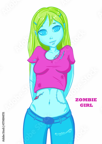 Zombie girl with yellow-green hair on isolated background. Zombie party
