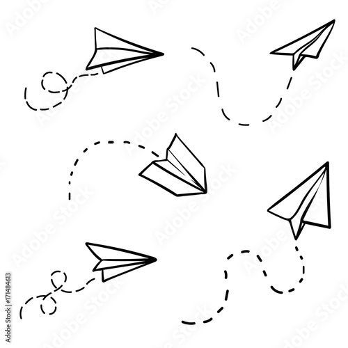Vector paper airplane. Travel, route symbol. Set of vector illustration of hand drawn paper plane. Isolated. Outline. Hand drawn doodle airplane. Black linear paper plane icon