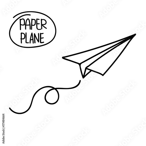 Vector paper airplane. Travel, route symbol. Vector illustration of hand drawn paper plane. Isolated. Outline. Hand drawn doodle airplane. Black linear paper plane icon