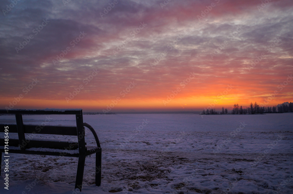 The red color of the sunset. Winter red sunset. Bench at sunset. The red color of the sunset. Winter red sunset. Bench at sunset.