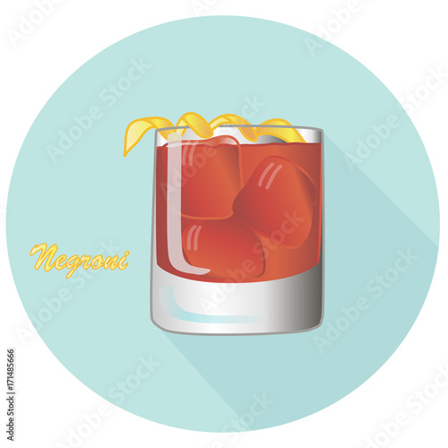 Hand drawn vector illustration of a Negroni alcohol gin and vermouth cocktail with an orange peel spiral garnish and ice cubes, in an old fashioned glass, in a blue circle with a shadow and text.