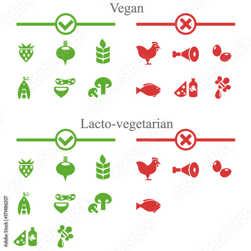 Icons of forbidden and allowed food for vegans / Solid fill vector icons of food
